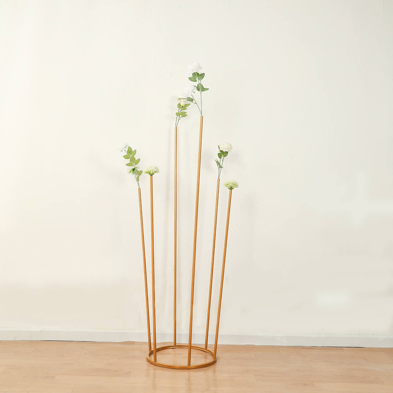 Gold Metal 6-Tubes Single Stem Flower Centerpiece in Minimalist Style, Bud Vase For Floral Arrangements with Hollow Round Base - 4ft Tall