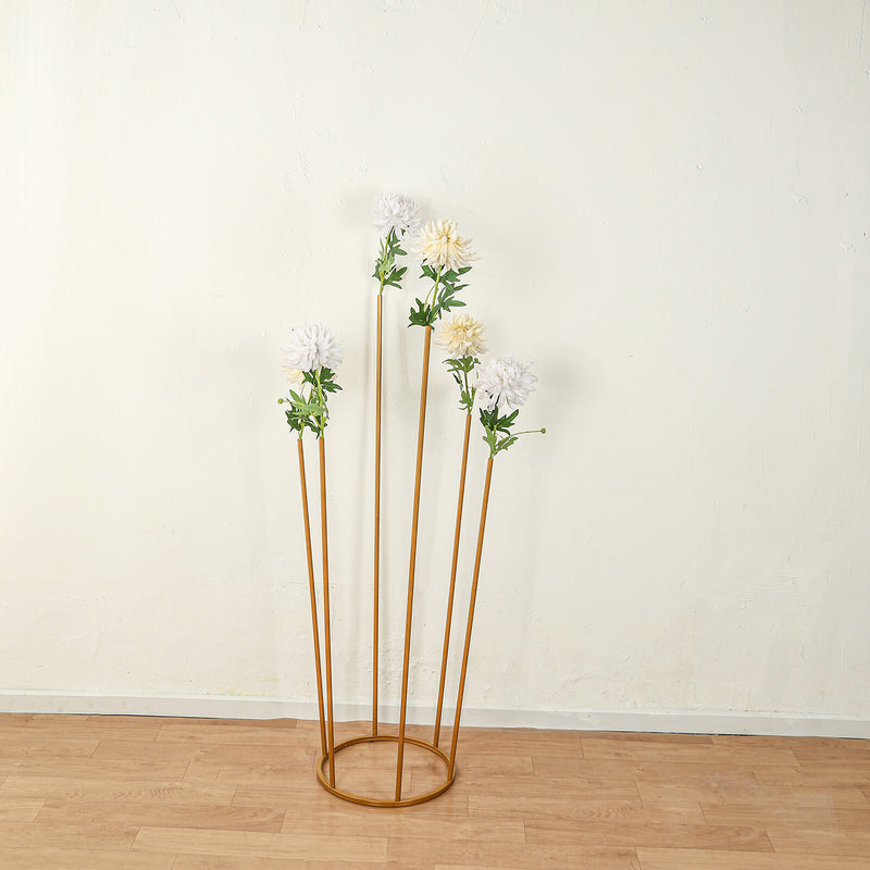 Gold Metal 6-Tubes Single Stem Flower Centerpiece in Minimalist Style, Bud Vase For Floral Arrangements with Hollow Round Base - 4ft Tall