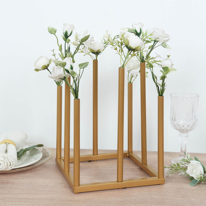 Gold Metal 8-Tubes Single Stemmed Flower Vase Centerpiece with Hollow Square Base, Minimalist Style Bud Vase For Floral Arrangements - 10