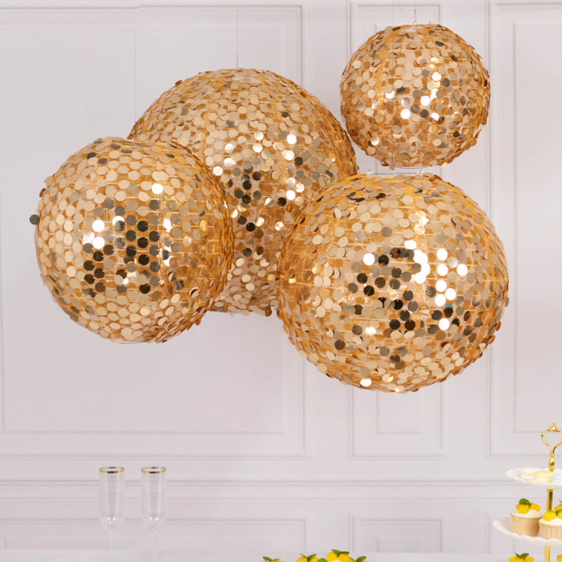 Set of 4 Shimmer Payette Sequin Hanging Lanterns, Large Decorative Round Foldable Fabric Chinese Lantern Lampshades - 12