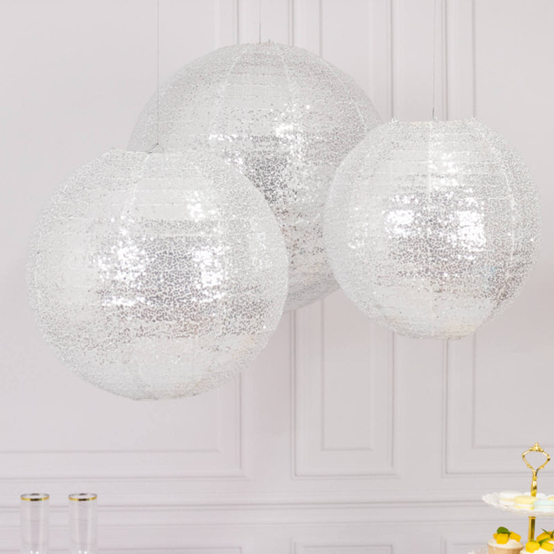 Set of 3 Shimmer Sequin Fabric Hanging Lanterns, Large Decorative Round Foldable Chinese Lantern Lampshades - 14