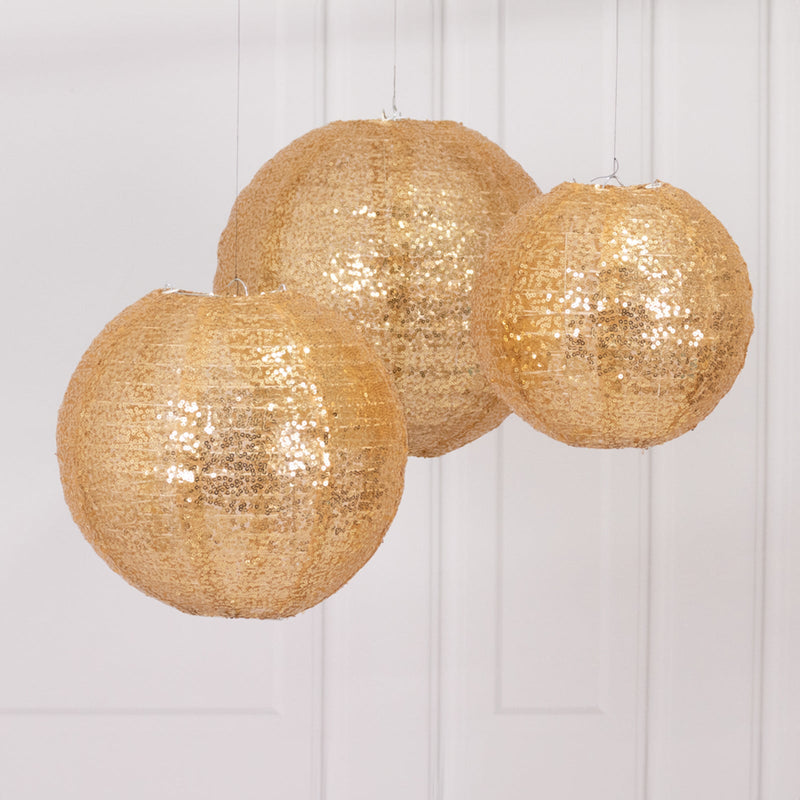 Set of 3 Shimmer Sequin Fabric Hanging Lanterns, Decorative Round Foldable Chinese Lantern Lampshades - 8