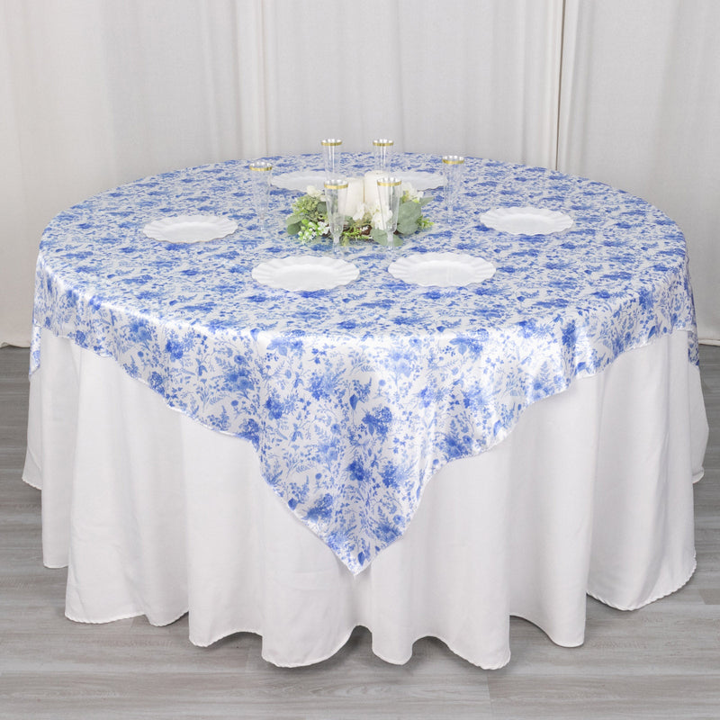 White Blue French Toile Floral Satin Table Overlay, Square Tablecloth Topper 72