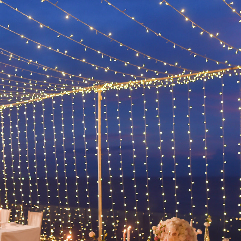 Warm White 600 LED Curtain String Lights with 8 Modes, Plug In Connectable Twinkle Fairy Lights - 10ftx20ft