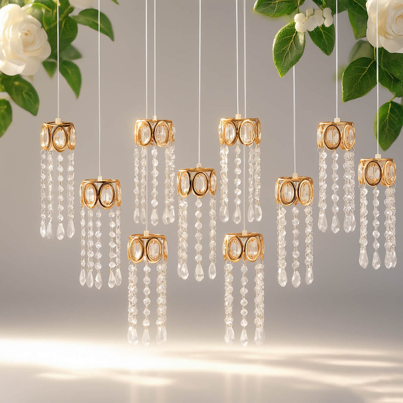 LED Crystal String Lights, Gold Oval Frame with Hanging Teardrop Pendants, Warm White Plug-in Chandelier Décor