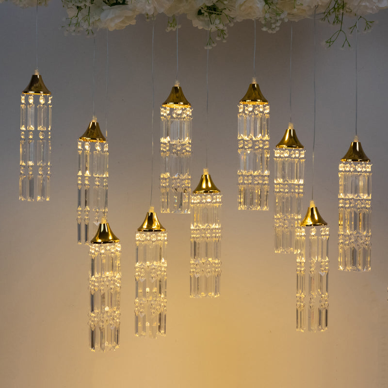 LED Crystal String Lights, Gold Bell Frame with Hanging Prism Pendants, Warm White Plug-in Chandelier Décor
