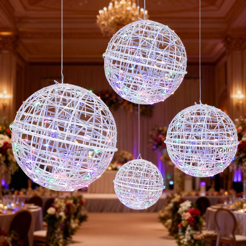4 Pack LED Lighted Decorative Sphere Balls, White Woven Rattan-Style Orbs with Multicolor Lights, Plug-In Indoor Outdoor Décor