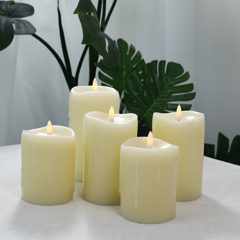 Set of 5 Flickering Flameless LED Pillar Candles – Ivory Real Wax Dripping Edge, Battery Operated, Warm White Glow - 4