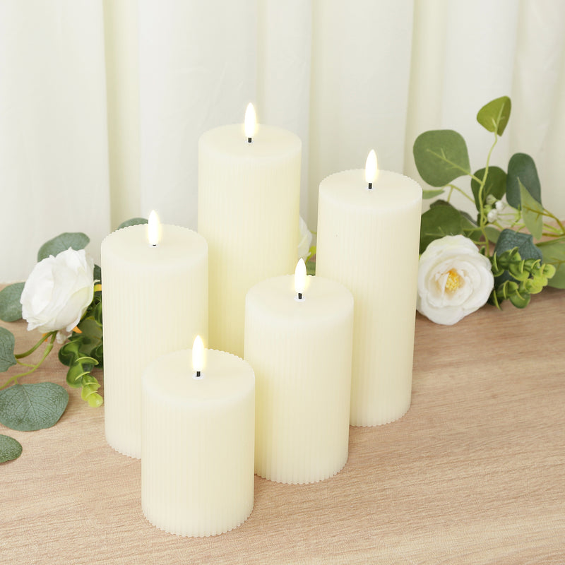 Set of 5 LED Flameless Pillar Candles – Battery Operated Flickering Candles with Ribbed Design, 4