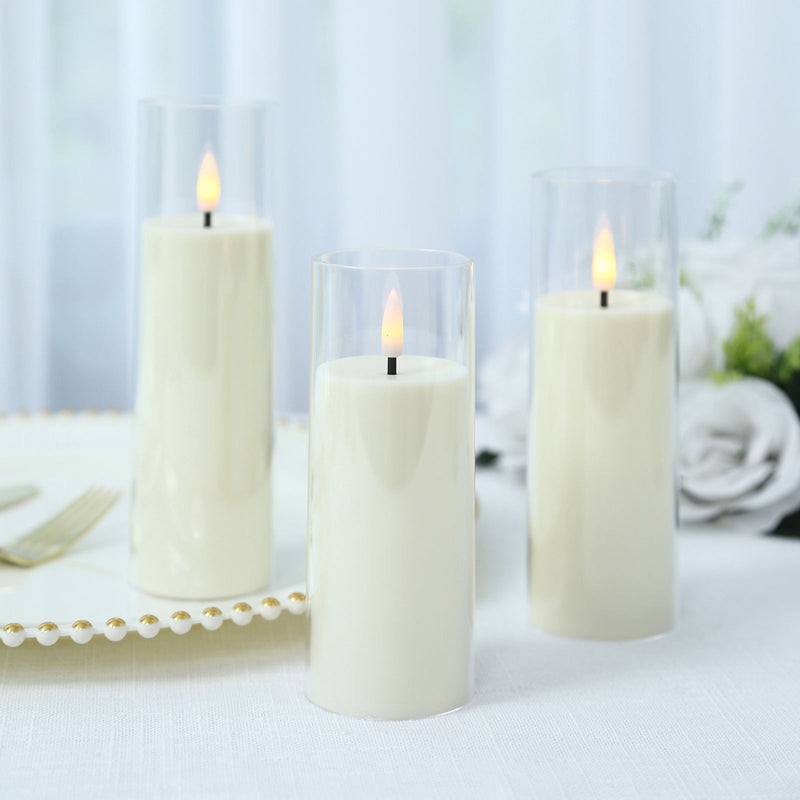 Set of 9 Ivory Flameless LED Pillar Candles with Clear Acrylic Shades & Remote Timer, Battery Operated Warm White Flickering Candles - 5.5