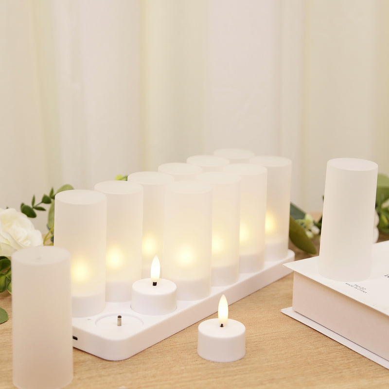 12 Pack Rechargeable Flameless LED Tealight Candles, White Frosted Finish with Charging Tray & Remote Timer, Dimmable Warm White Flickering Light