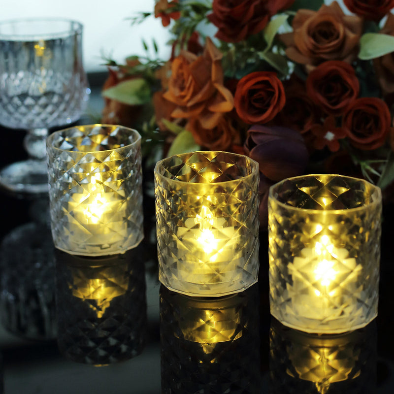 12 Pack Clear Acrylic Diamond LED Tealight Candle Holder Sets, Warm White Battery Operated Whiskey Glass Votive Candle Lamps 3