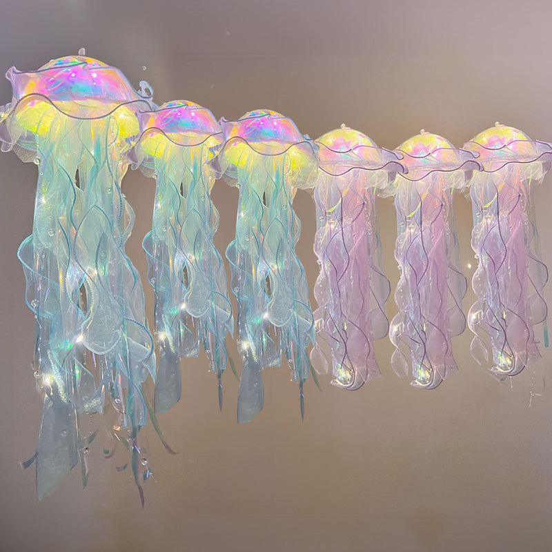 6 Pack Blue Purple Jelly Fish LED Lantern Hanging Lights, 3 Flashing Modes Organza Ribbon Jellyfish Lamp Mermaid Theme Decor - 17