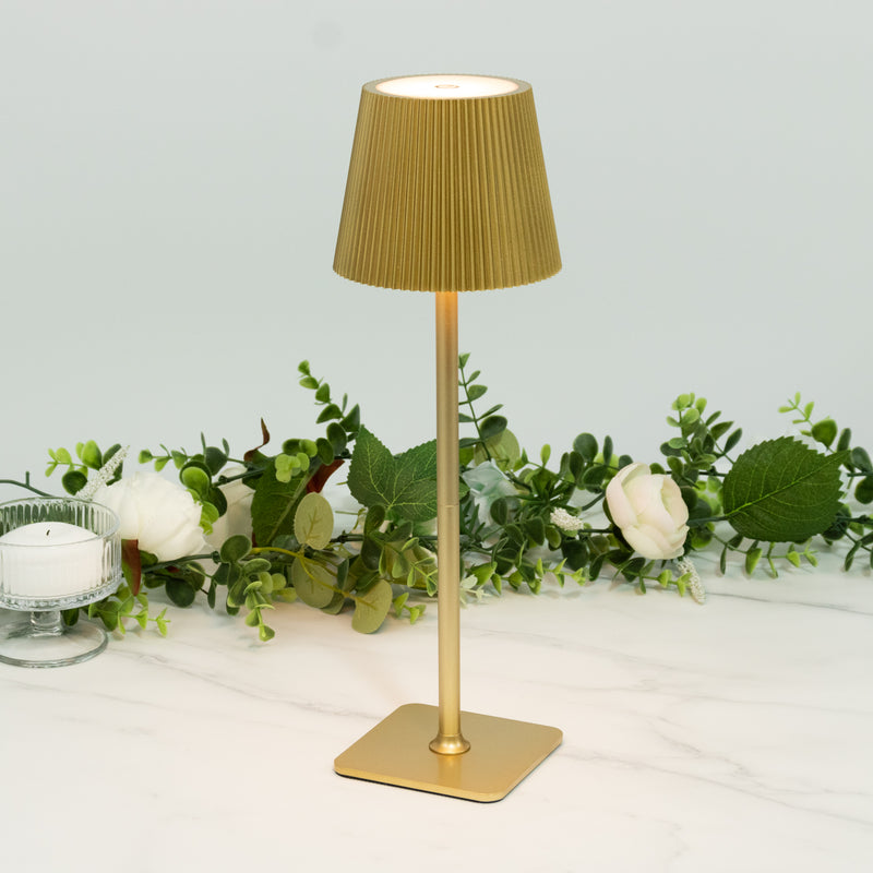 Heavy Duty LED Table Lamp, Cordless Gold Metal Commercial Grade USB Rechargeable 1500mAh Touch Control Lamp, Adjustable Height 9