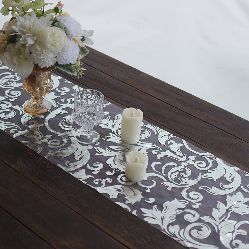 Metallic Sheer Organza Table Runner With Swirl Foil Floral Design - 12