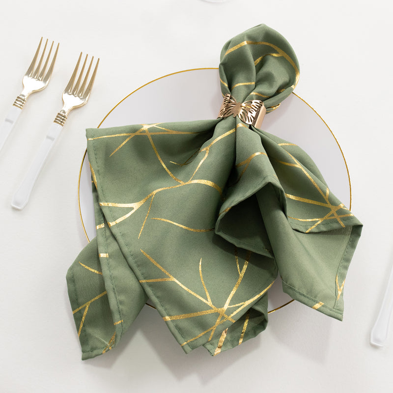 5 Pack Dusty Sage Green Polyester Cloth Dinner Napkins with Gold Foil Tree Branch Pattern - 20