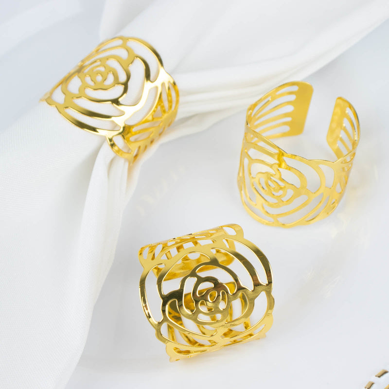 4 Pack | Shiny Gold Laser Cut Rose Metal Cuff Napkin Rings, Decorative Flower Napkin Holders