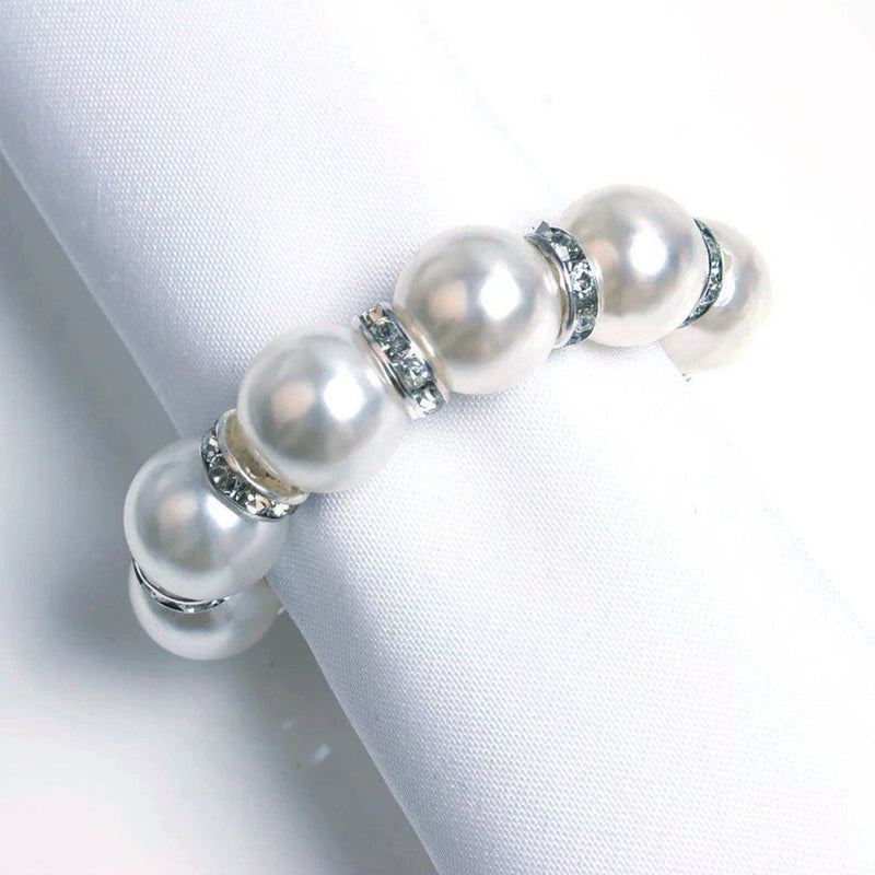 4 Pack White Pearl Beads and Silver Rhinestone Napkin Rings, Elegant Round Serviette Buckle Napkin Holders 1.5