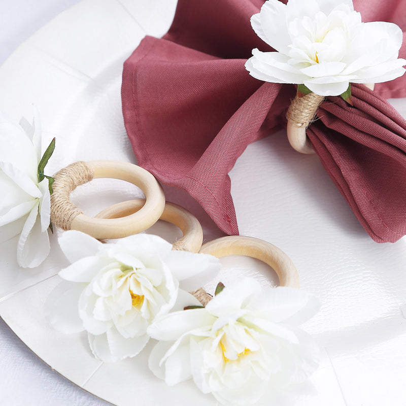 4 Pack White Artificial Flower Napkin Rings with Wooden Holder, Rustic Boho Serviette Buckles with Silk Jasmine Flowers