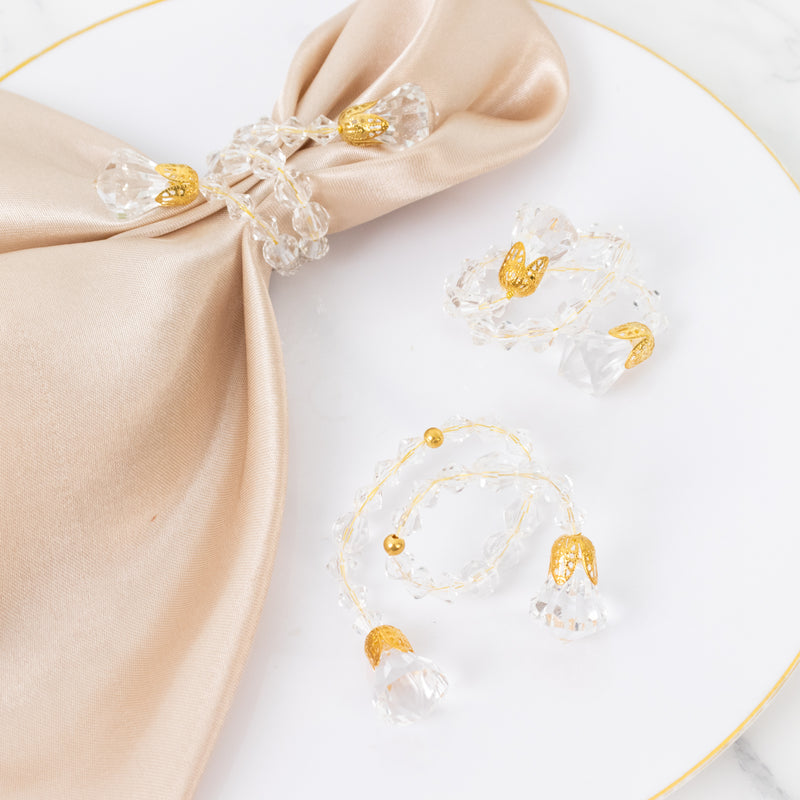 10 Pack Crystal Beaded Napkin Rings – Clear Beads with Gold Accents, Elegant Decorative Table Accessories and Sash Holders - 10