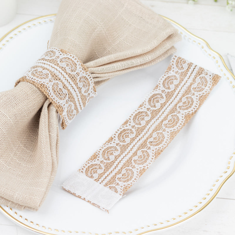 6 Pack Rustic Farmhouse Style Jute and Lace Napkin Rings, Boho Chic Burlap Serviette Buckles Holder