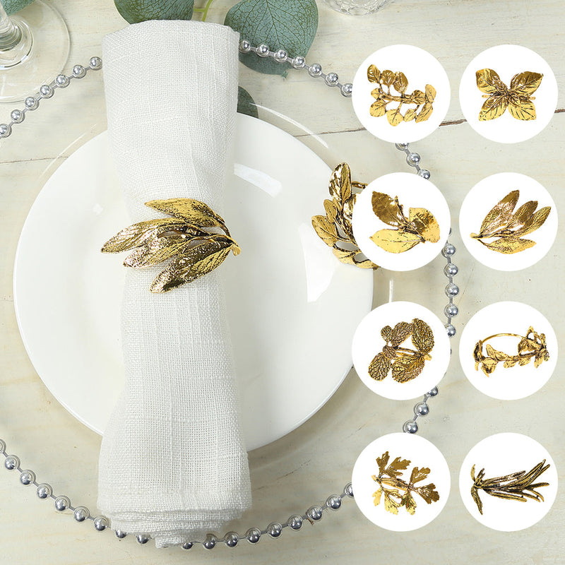 8 Pack Glossy Gold Metal Herb Napkin Rings, Assorted Vintage Leaf Napkin Holders