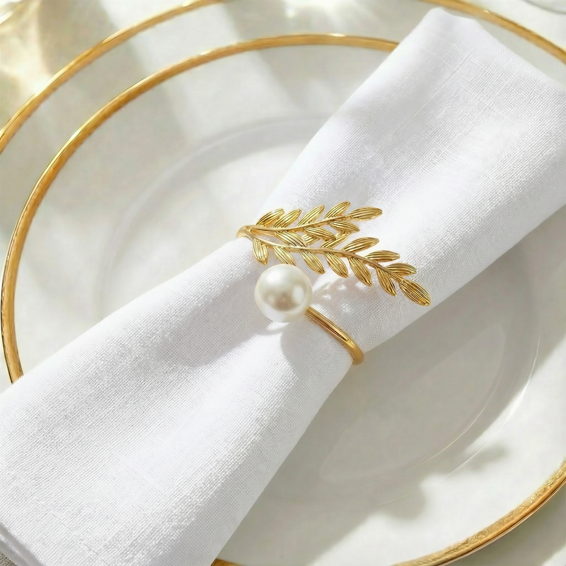 10 Pack Gold Leaf Napkin Rings with White Pearl Accent – Metal Wheat Leaf Napkin Holders for Table Décor - 1.5