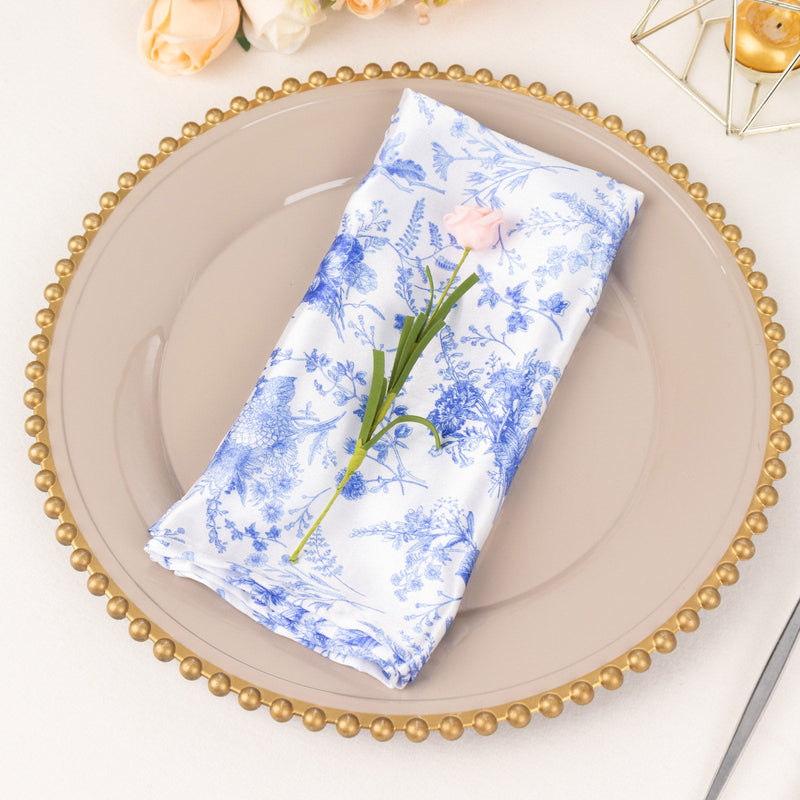 5 Pack White Blue Satin Cloth Dinner Napkins in French Toile Floral Pattern, Wrinkle Resistant Table Napkins - 20