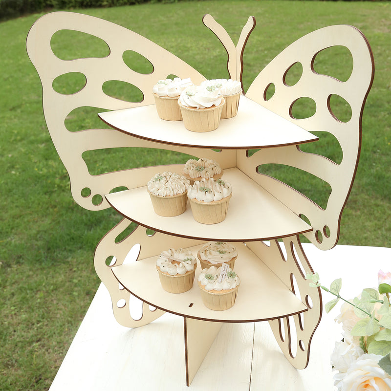 3-Tier Natural Butterfly Wooden Pedestal Stand, Rustic Dessert Display Stand Shelf Rack - 24