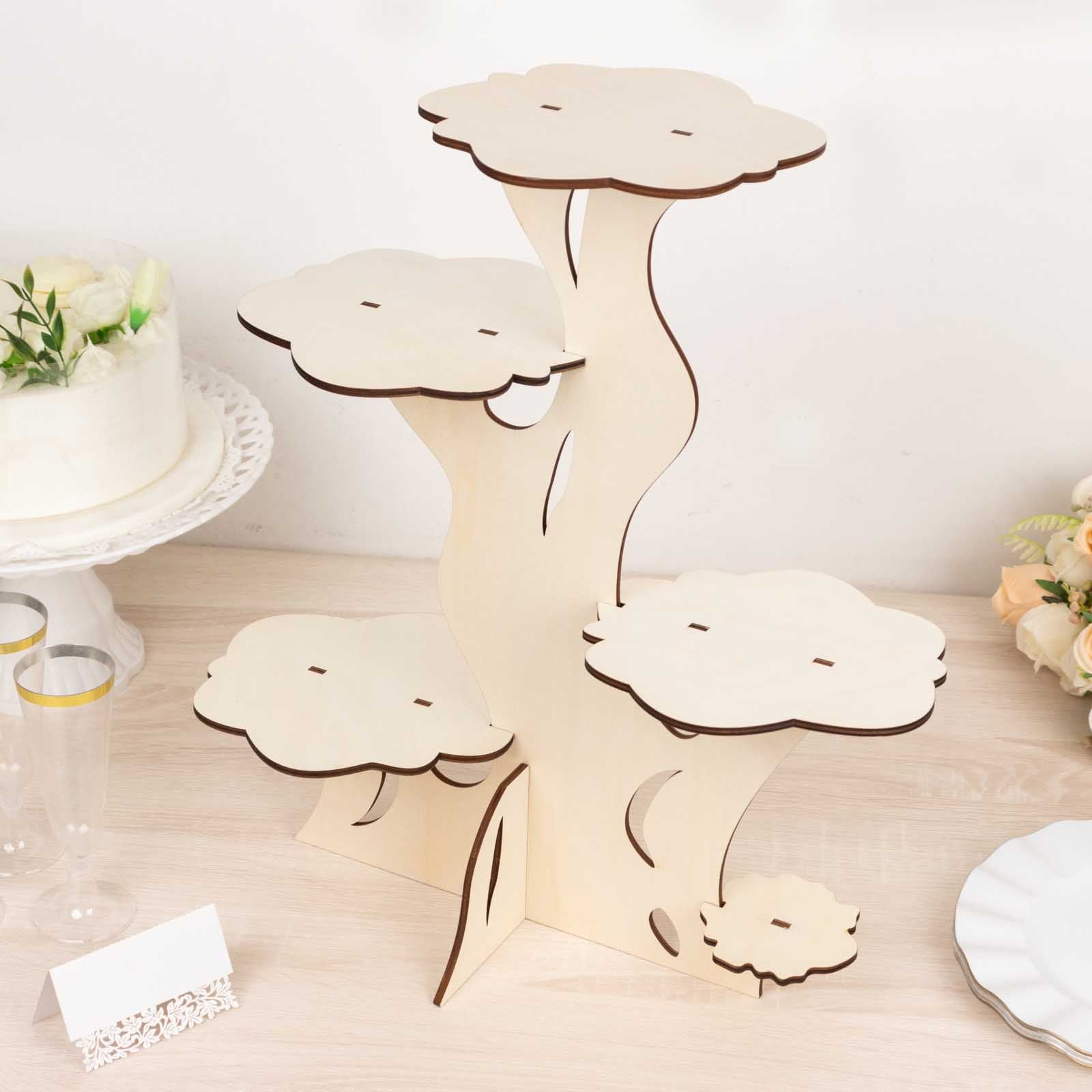 5-Tier Natural Laser Cut Wooden Tree Tower Pedestal Riser, Rustic Dess ...