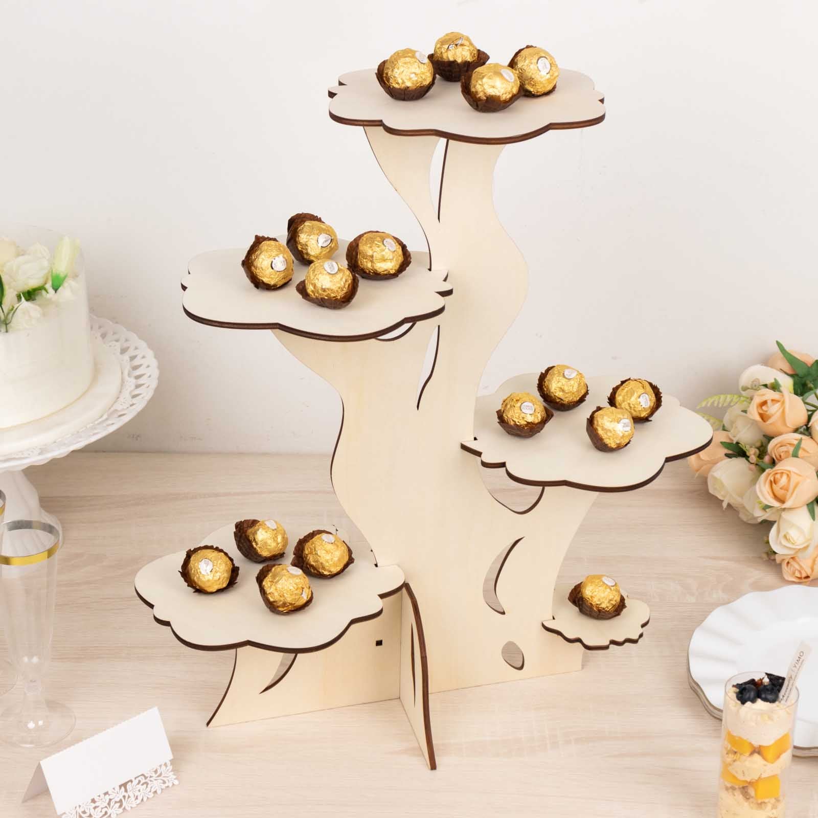 5-Tier Natural Laser Cut Wooden Tree Tower Pedestal Riser, Rustic Dess ...