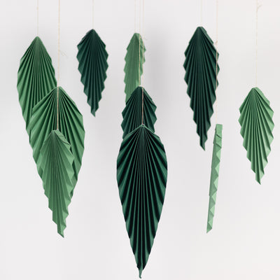 ceiling hanging decor, hanging paper leaves, paper palm leaves, wall leaf decor, paper fan decorations#color_green