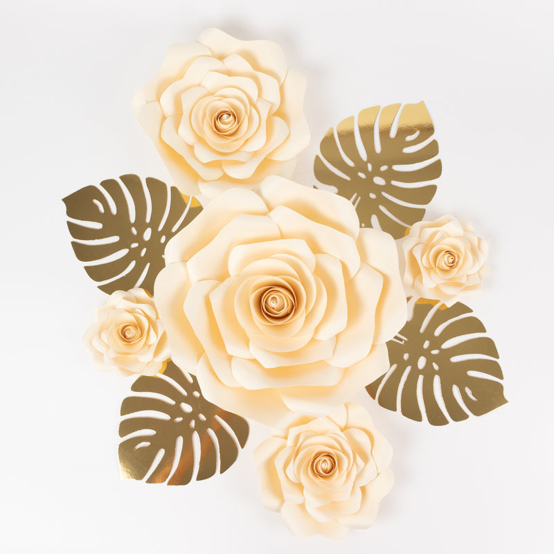 Set of 9 3D Rose Paper Flowers with Gold Monstera Leaves, Nursery Flower Backdrop Hanging Wall Decor