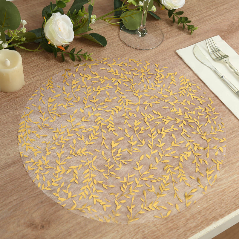 10 Pack White Mesh Organza Round Placemats with Gold Foil Leaf Vines, Floral Dining Table Mats - 13