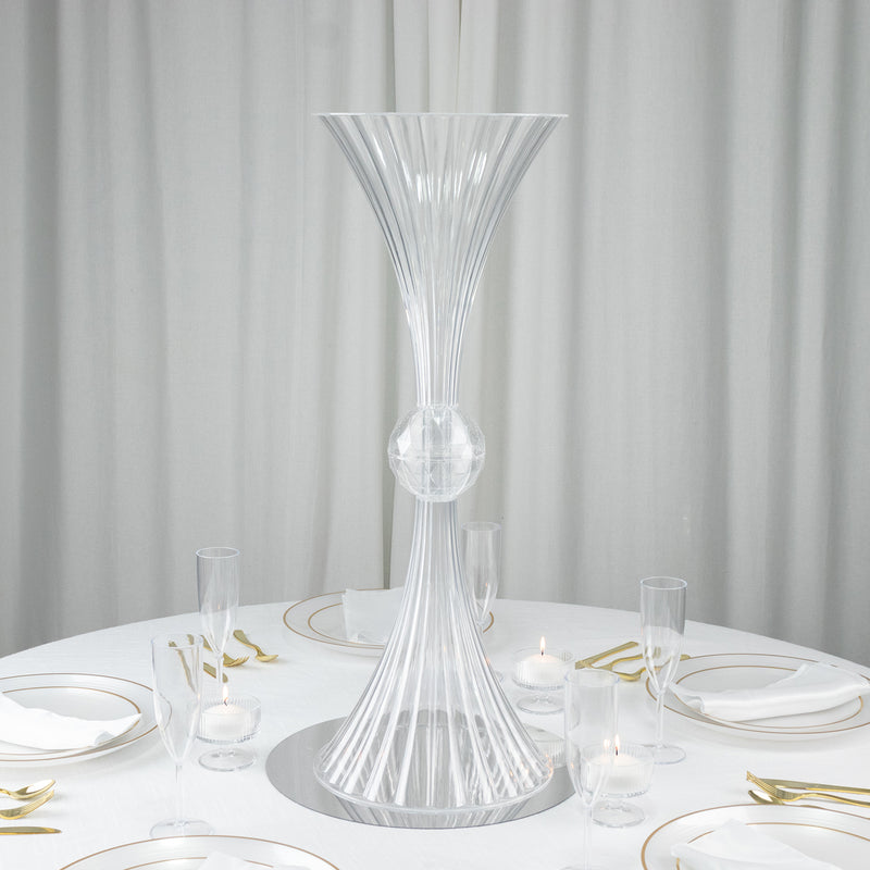 4 Pack Ribbed Acrylic Trumpet Vases – Clear Reversible Flower Centerpiece with Crystal Ball Accent