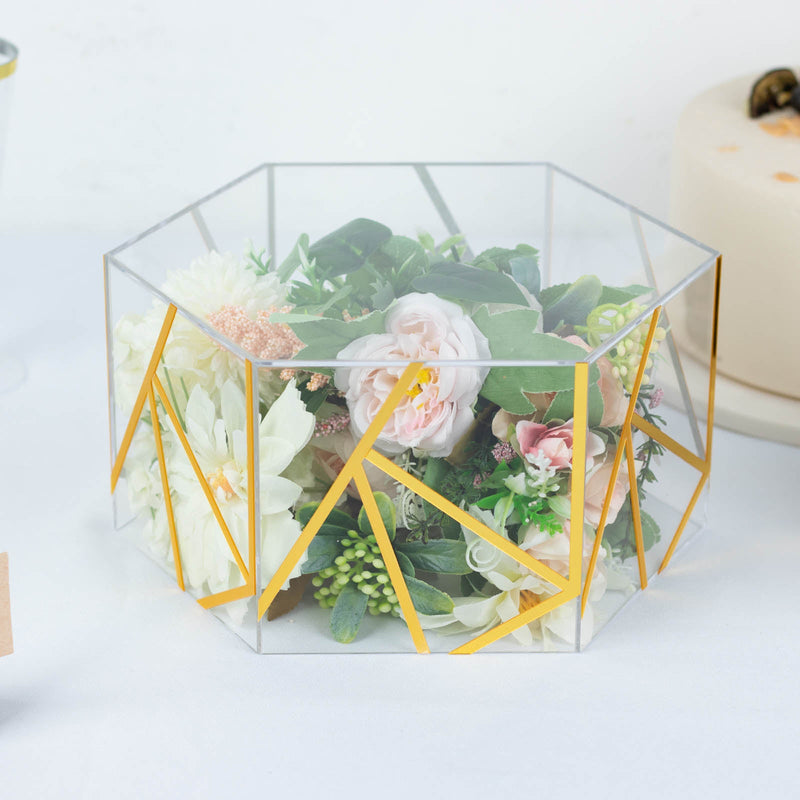 Clear / Gold Acrylic Transparent Geometric Pedestal Riser Box, Hexagonal Display Stand With Hollow Bottom 10