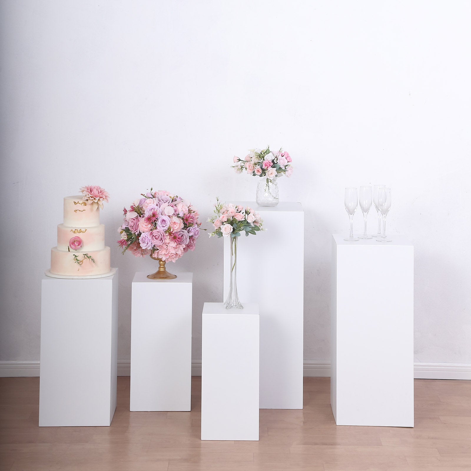 Set of 5 White Metal Rectangular Prop Pedestal Stands For Aisle Decor, Plinth Pillar Display ...