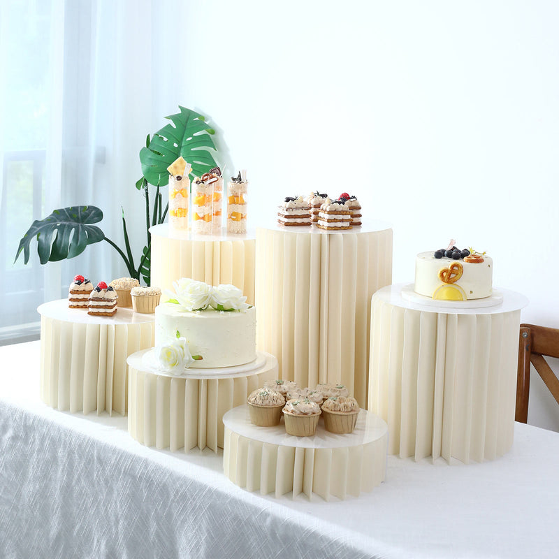 Set of 6 Ivory Buffet Risers, Foldable Cardboard Cylinder Pedestal Stands with Clear PVC Top Plates, Multi-Height Dessert Display, 4