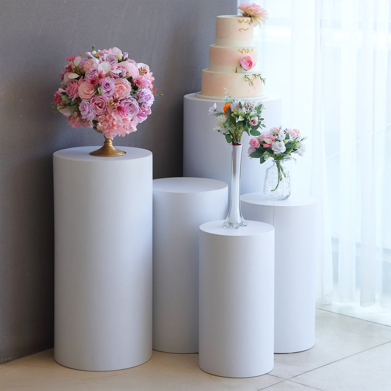 Set of 5 White Metal Cylinder Prop Pedestal Stands For Aisle, Round Plinth Pillar Display Boxes - 20