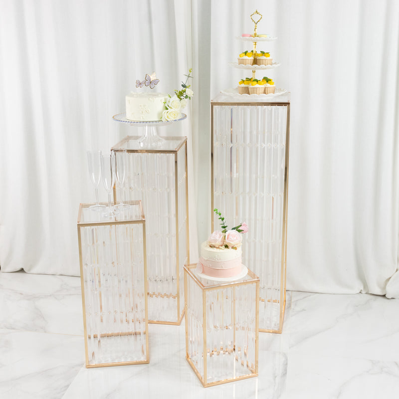 Set of 4 Gold Metal Pedestal Stands – Pre-Assembled Rectangular Cake and Floral Display Risers with Acrylic Top & Crystal Pendant Strip Chains – 16