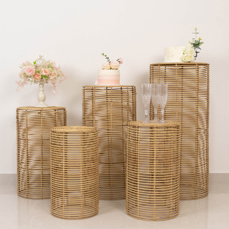 Set of 5 Natural Woven Rattan Wicker Plant Stands, Farmhouse Side Table Cylinder Cake Pedestal Dessert Display Stands - 20