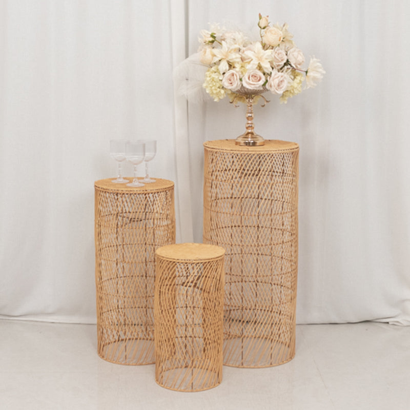 Set of 3 Natural Woven Rattan Wicker Floor Lamp Shades with Wave Patterns, Rustic Farmhouse Cylinder Pedestal Display Stands With Plug In Light Cord - 19