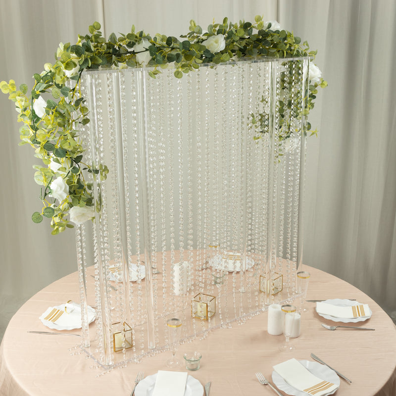 Heavy Duty Acrylic Rectangular Centerpiece Stand with Pre-chained Hanging Crystal Beads, Clear Tabletop or Floor Standing Flower Pedestal Stand with 10mm Thick Plexiglass Plate 40