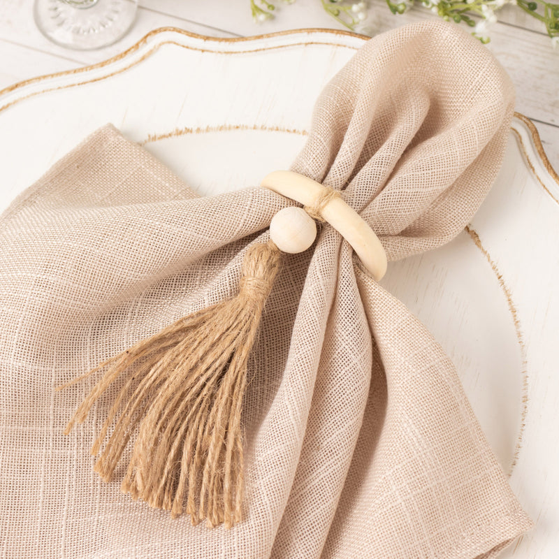 4 Pack Cream Wooden Napkin Rings with Woven Jute Beaded Tassel, Farmhouse Style Dinner Serviette Buckles