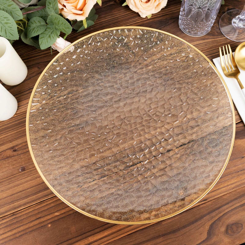 10 Pack Clear Hammered Economy Plastic Charger Plates With Glitter Gold Rim, Round Dinner Chargers Tabletop Decor - 13