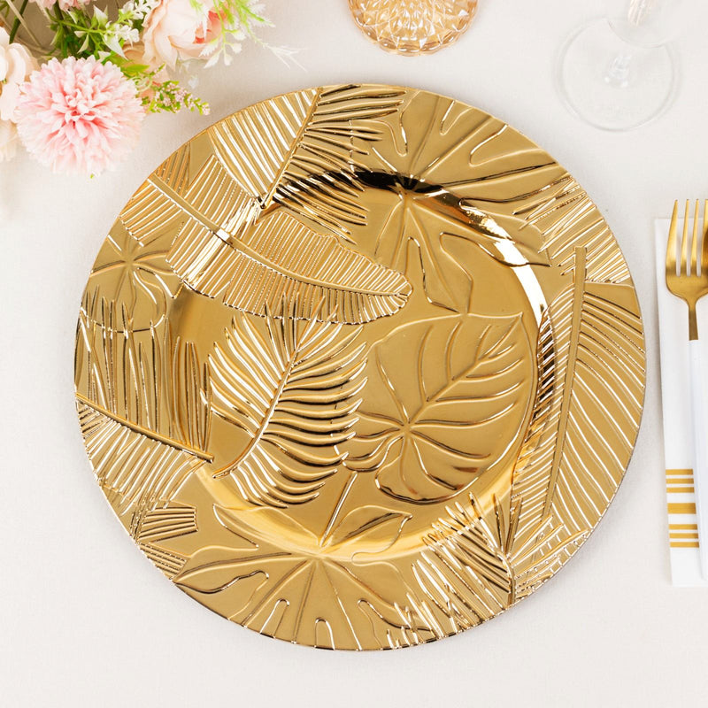 6 Pack Metallic Gold Acrylic Plastic Serving Plates With Embossed Tropical Leaves, 13