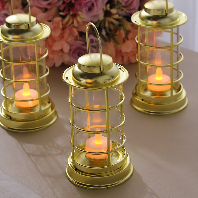 3 Pack Gold Mini LED Tealight Candle Lantern Lamps, Battery Operated Decorative Lanterns - 7