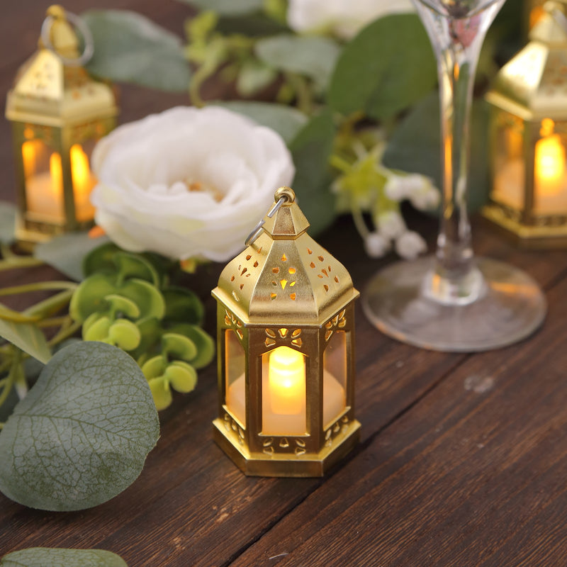 6 Pack Gold Vintage Mini Lantern with Flickering LED Tealight Candles, Moroccan Style Battery Operated Warm White Candle Lantern Lamp Centerpieces - 3.5