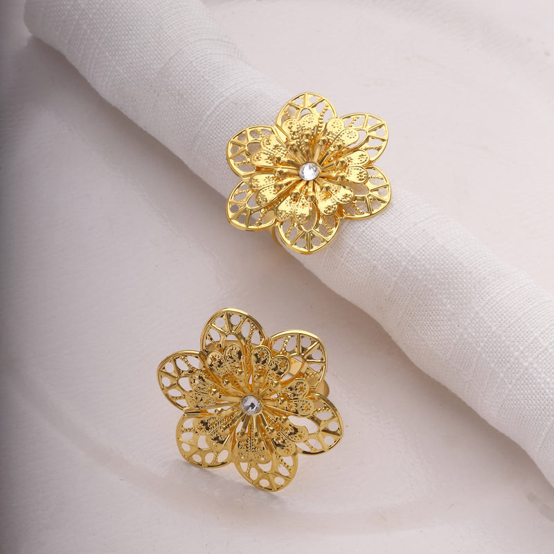 4 Pack Metal Hollow Sun Flower Napkin Rings, Modern Flower Shaped Napkin Bands