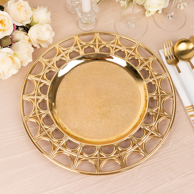 6 Pack Metallic Gold Acrylic Plastic Serving Plates With Hollow Semi Circle Rim, 13